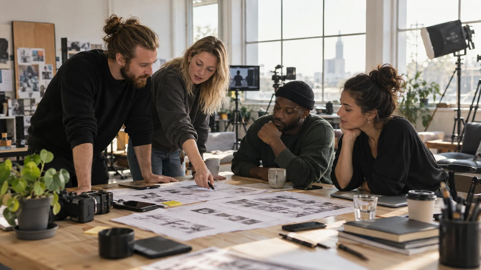 Gegenereerd conceptbeeld van een videoteam dat rond een tafel storyboards en een draaischema bespreekt